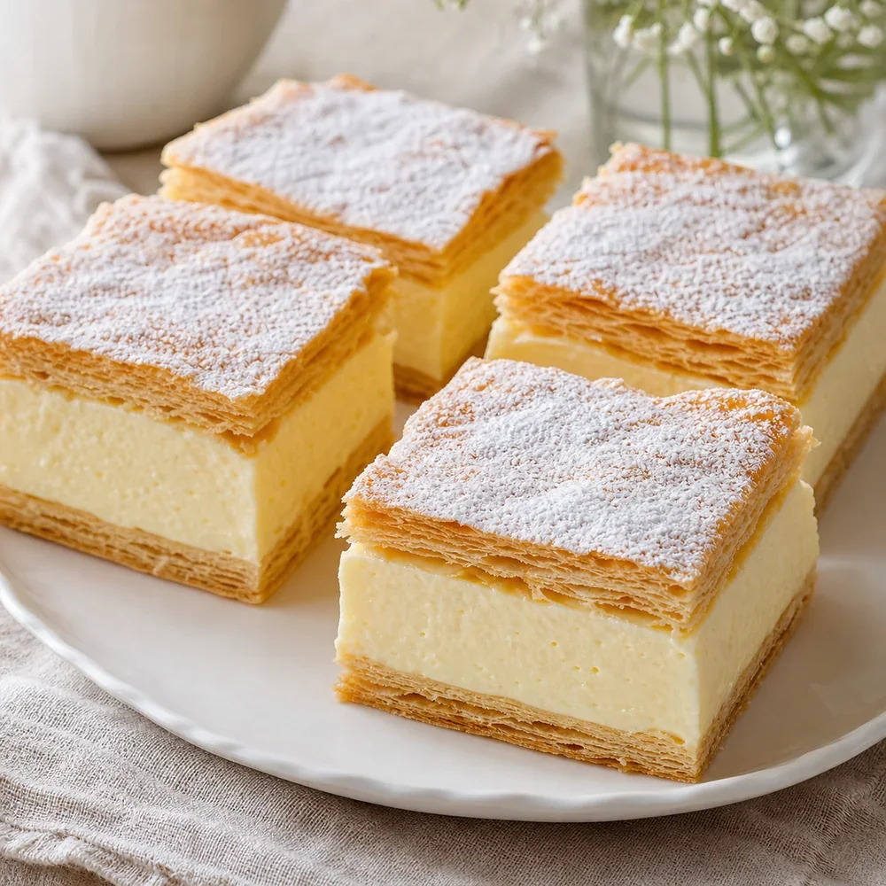 Finished Croatian Kremšnita custard slices with powdered sugar