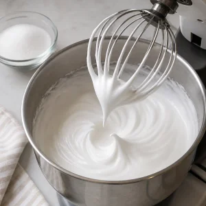 Glossy whipped egg whites forming medium peaks