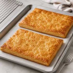 Golden baked puff pastry sheets cooling on a tray
