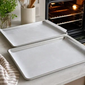 Parchment-lined baking sheets ready for puff pastry