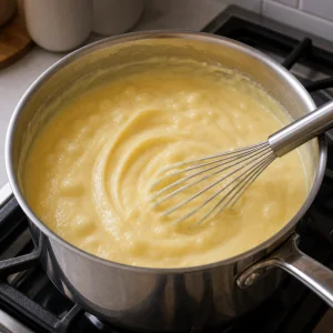 Thick vanilla custard bubbling in a saucepan