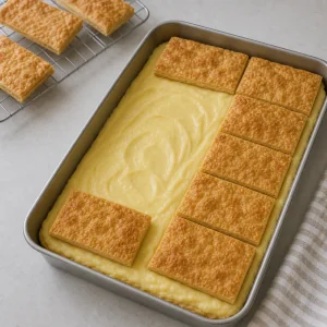 Vanilla custard spread over pastry with top rectangles added
