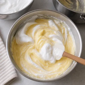 Whipped egg whites folded into hot vanilla custard