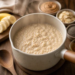 Schaeumige Hefemilch in einem Topf fuer Mandel-Rosinen-Zwieback