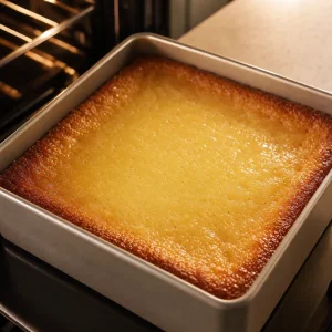 Mochi de manteiga assado na forma com bordas douradas e crocantes