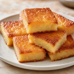 Quadrados de mochi de manteiga crocante prontos com bordas douradas e centro macio