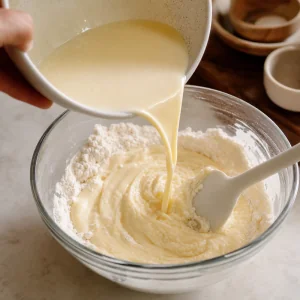 Mistura liquida de coco e manteiga vertida nos secos para massa espessa lisa