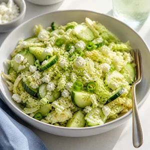 Salada pronta de couve napa e pepino com feta e cebolinha pronta para servir