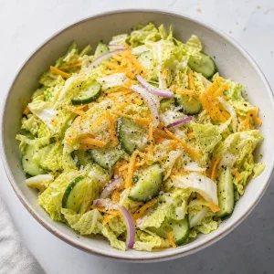 Fertiger Chinakohl-Gurken-Salat mit wuerzigem Cheddar ruht kurz vor dem Servieren.