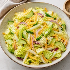 Chinakohl-Gurken-Salat mit wuerzigem Cheddar, Salz und frisch gemahlenem schwarzem Pfeffer.