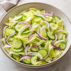 Geschnittener Chinakohl, Gurkenscheiben und rote Zwiebel in einer grossen Salatschüssel.