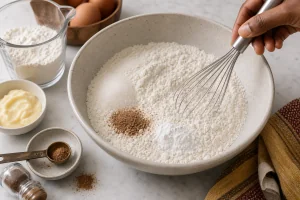 Farinha, acucar, noz-moscada, fermento e sal misturados