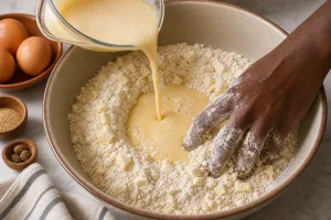 Mistura de leite e ovo despejada no centro dos ingredientes secos