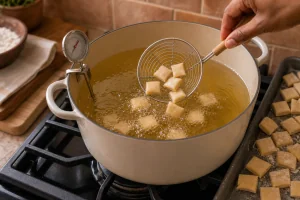 Pequenas porcoes de massa de chin chin fritando em oleo quente