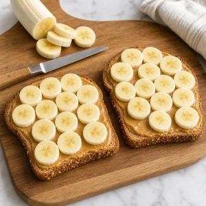 Rondelles de banane disposées sur du toast au beurre de cacahuète