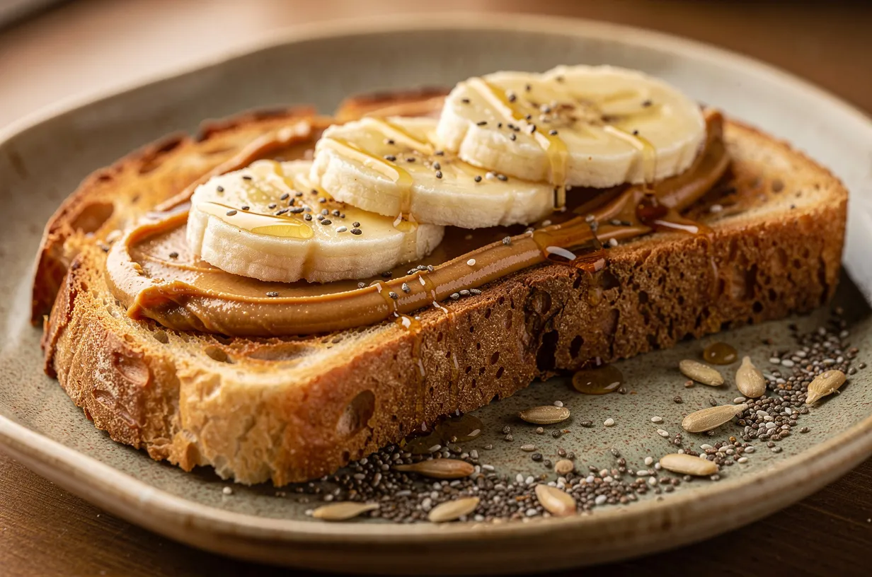 Tosta crocante de manteiga de amendoim e banana, mel