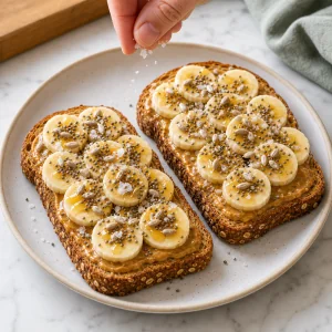 Toast final banane-beurre de cacahuète garni de miel, graines et sel de mer en flocons
