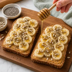 Miel versé sur du toast banane-beurre de cacahuète avec graines de chia et tournesol