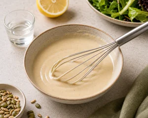 Creamy tahini dressing thinned to a pourable texture