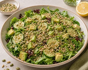 Superseed topping scattered over cucumber and avocado salad