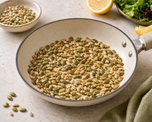 Toasted pumpkin and sunflower seeds in a small skillet