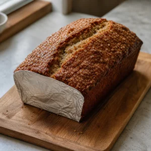 Pokrojony chlebek bananowy z przykrytą przekrojoną stroną