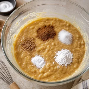 Przyprawy i spulchniacze rozsypane na cieście bananowym