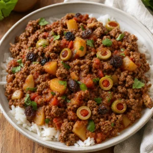 Cuban picadillo with olives and raisins served over white rice