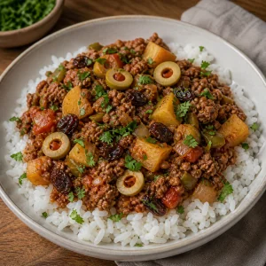 Finished picadillo with cilantro served over rice