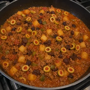 Olives and raisins stirred into thick picadillo