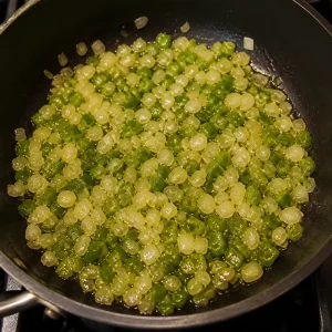 Onion and green bell pepper softening in a skillet