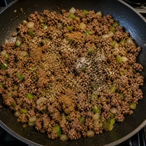 Spices coating browned ground beef in the skillet