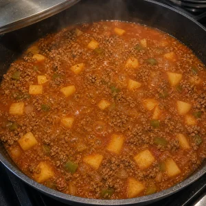 Tomato beef picadillo simmering with potato cubes