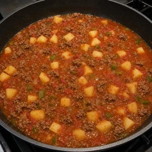 Tomato sauce and diced potatoes added to seasoned beef