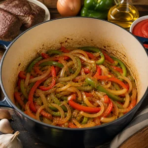 Onions and bell peppers sauteing in a pot