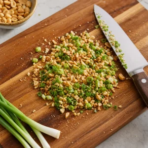 Chopped scallion and roasted peanuts on a cutting board