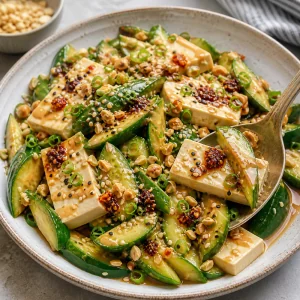Completed cold cucumber tofu salad served with a spoon