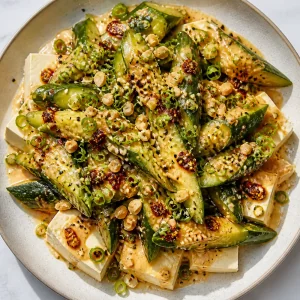 Cucumber tofu salad topped with peanuts, scallions, chili crisp, and sesame
