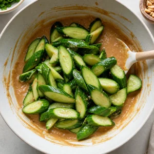 Cut cucumber pieces in a bowl with thick peanut dressing