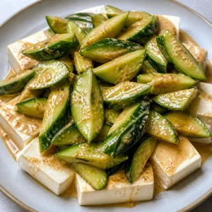 Dressed cucumber pieces piled over tofu
