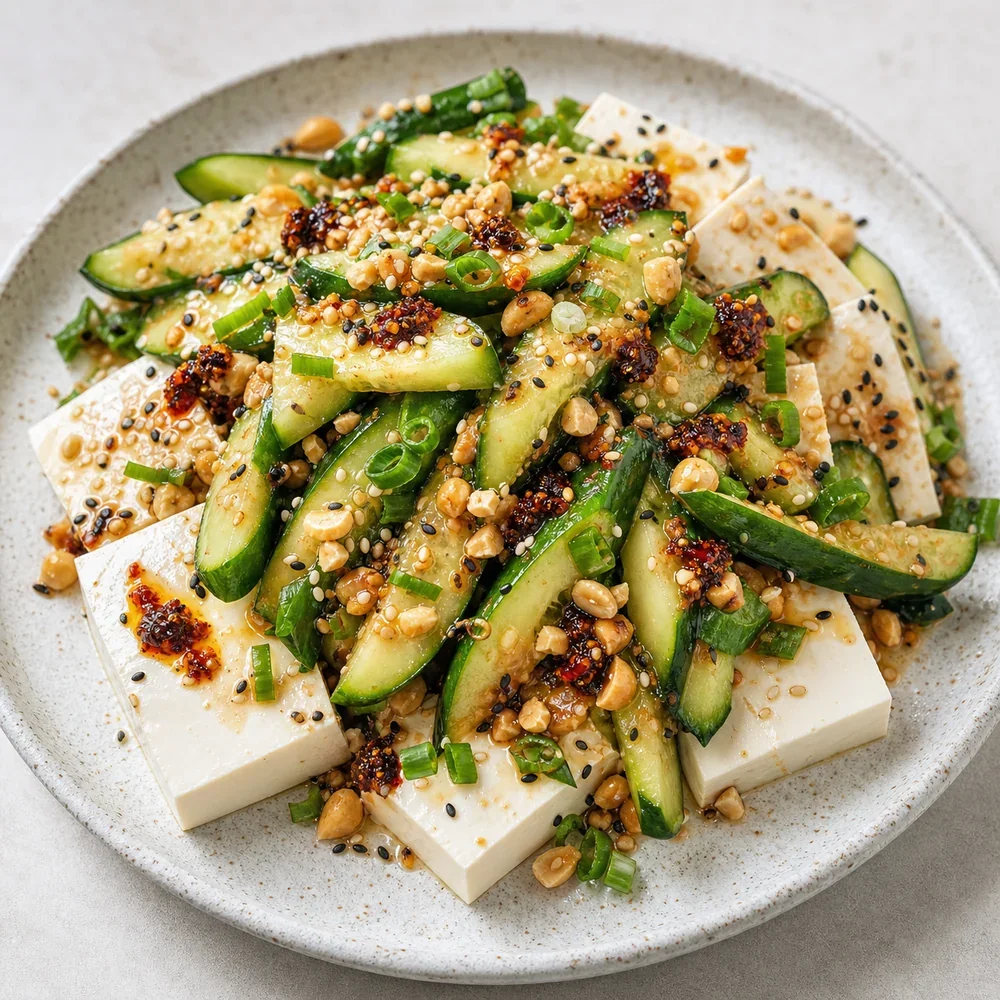 Finished cucumber tofu salad with peanuts, scallions, chili crisp, and sesame