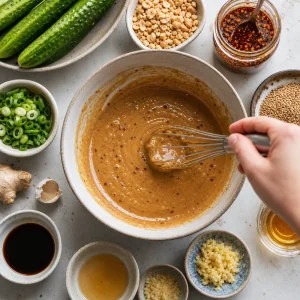 Peanut-sesame dressing being whisked in a large bowl