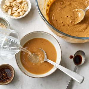 Reserved peanut-sesame dressing thinned in a small bowl