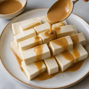 Tofu rectangles drizzled with thinned peanut dressing