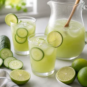 Garnished glasses of cucumber lime agua fresca beside a pitcher