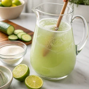 Pitcher of cucumber lime agua fresca being stirred