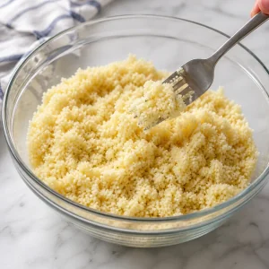 Cooked couscous being fluffed with a fork