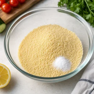 Dry couscous and salt in a heatproof bowl