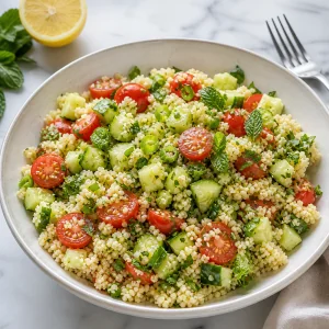 Finished cucumber tomato couscous salad in a serving bowl