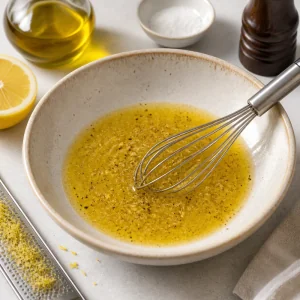 Lemon olive oil dressing being whisked in a bowl